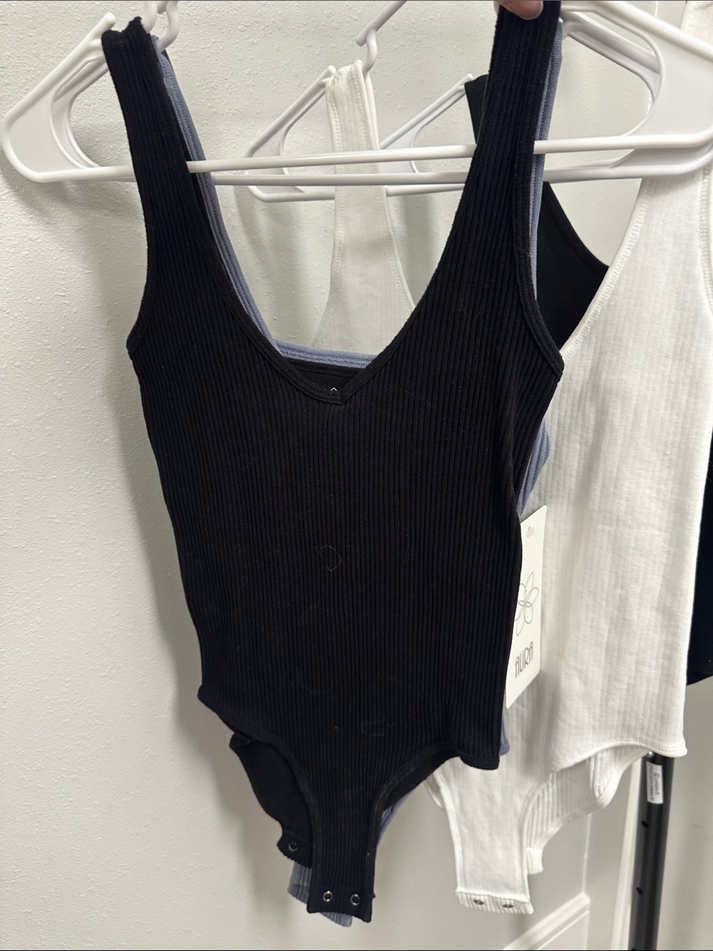Bundle of 4 Ribbed Bodysuits Black White Blue Small / Medium Stretch Fit - Picture 2 of 9